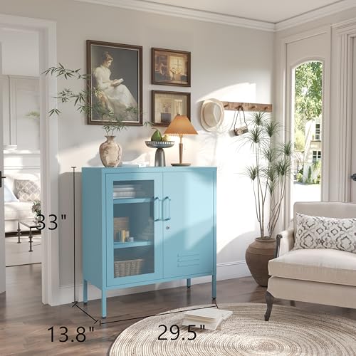 Accent Cabinet Locker, Lockable Storage Cabinet with Mesh & Metal Doors, 3-Tier Heavy Duty Steel Cabinet with 2 Adjustable Shelves, for Living Room, Home Office Blue 33" H x 29.5" W x 13.8" D - color: Ocean, style: Cabinet-33"H-SW