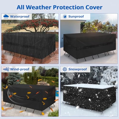 SunPatio Patio Furniture Covers Waterproof, Rectangular Table and Chairs Set Cover, Outdoor Furniture Set Cover with Drawstrings and Taped Seams, All Weather Protection, 90"W x 60"D x 30"H, Black - size: 90"W x 60"D x 30"H