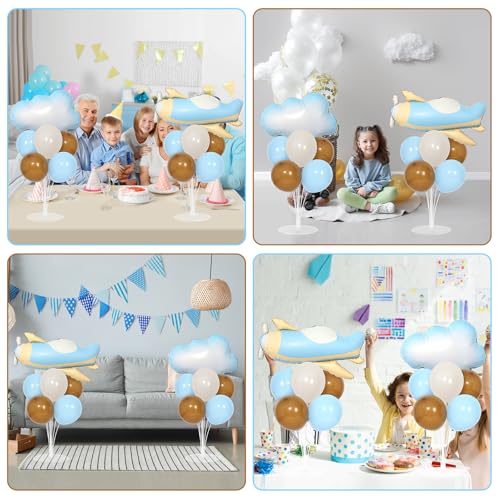 Airplane Baby Shower Birthday Party Decorations Balloons Stand Kit 2 Sets with 2 Airplane Cloud Foil Balloons Baby Boy Shower Balloon Centerpiece for Table for Kid Time Flies 1st Birthday Party Decor - style: Airplane Cloud