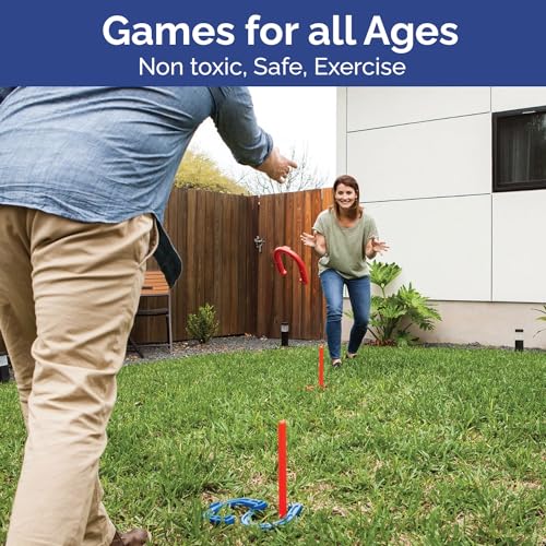 Indoor Outdoor Rubber Horseshoes Set: 4 Horseshoes, 2 Pegs, 2 Rubber Mats, 2 Red Plastic dowels & 1 Mesh Bag | Perfect for Tailgate, Beach, Parks, Picnics, Backyard, Fun for Kids Adults