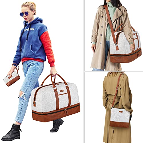Weekender Bag for Women, Large Overnight Bag Canvas Travel Duffel Bag Carry On Tote with Shoe Compartment 21" 3Pcs Set - color: A07-brown+gray leopard