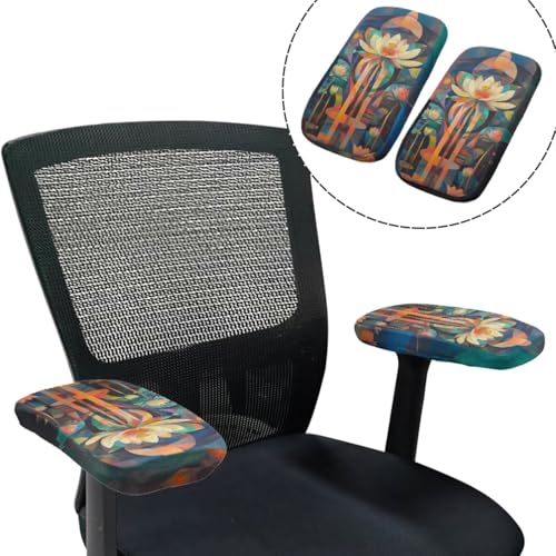 Lotus Flower Desk Chair Cover Stretchable 4-Piece Set Include Office Chair Arm Pads Elastic Washable Dustproof Seat Cover for Office Chairs with Backrest Pad for Home Use - color: Lotus Flower