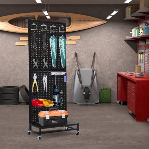 Eastern Tree Metal Pegboard Display Stand 2'x 5'with Base Plate, Pegboard Panels Display with Wheels, Peg Board Display Rack, Standing Pegboard Display with 30 Hooks - Black - color: Black