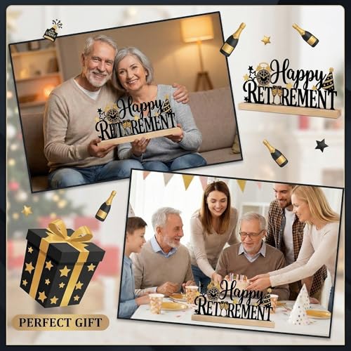 Happy Retirement Party Table Decorations Black and Gold Metal Table Sign with Wooden Base Happy Retirement Gift for Women Men Coworker Tabletop Centerpieces for Home Mantel Shelf Desk - style: Happy Retirement
