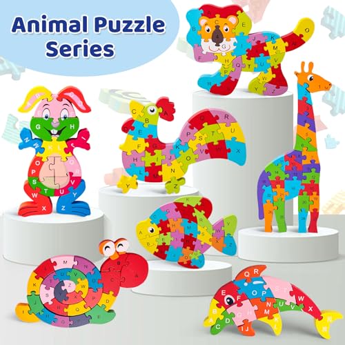 LovesTown Wooden Puzzles for Kids, Double Sided Rabbit Jigsaw with Alphabet & Numbers, Montessori Educational Toy for Toddlers, Chunky Animal Gift - size: Medium, style: Rabbit