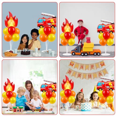 Fire Party Balloons Stand Kit 2 Sets with 2 Fire Truck Foil Balloons Fireman Firefighter Themed Party Balloon Centerpiece for Tables for Firefighter Rescue Birthday Party Decorations - style: Fire