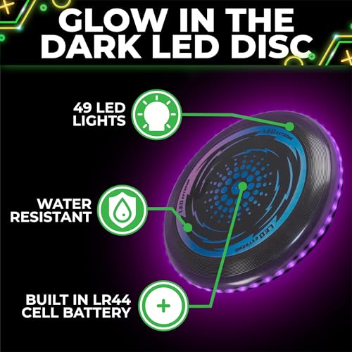 Toysery LED Light Up Fresbee - Glow in The Dark Fresbee for Kids and Adults, Flying Disc Adventure for Day and Night - Easy to Use Ideal for Camping Game - color: Purple