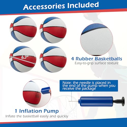 GYMAX Arcade Basketball Game Indoor Foldable with 8 Game Modes, Arcade Sound, 4 Balls and Inflation Pump, Electronic Basketball Games for Home - color: White+blue
