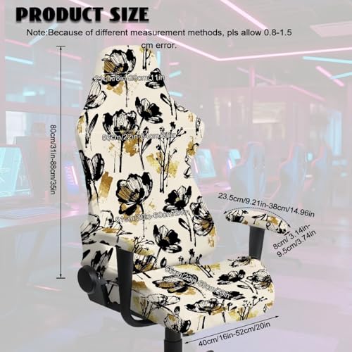 Flower Print Gaming Chair Cover Set of 4 Dust-Proof Stretchy Computer Office Chair Cover with Armrest Covers Home Decorations - color: Brown and Black - Flower