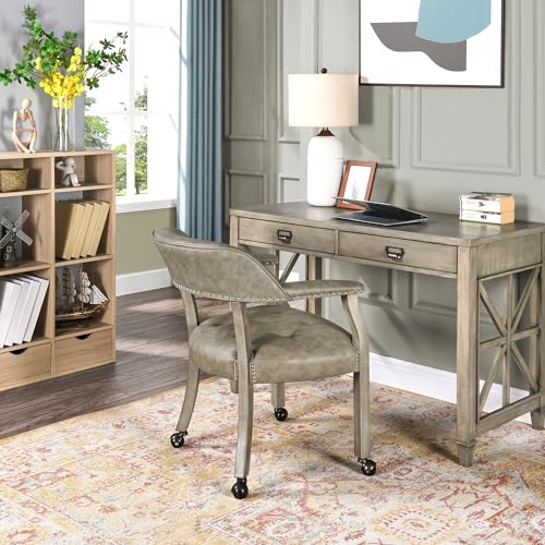 Set of 4 Dining Chair with Casters, Accent Captains Leather Chairs with Wheels & Arms,Wheeled Roller Wood Chairs for Kitchen & Game Poker Table,Antique Grey(NO Table!) - color: Antique Grey