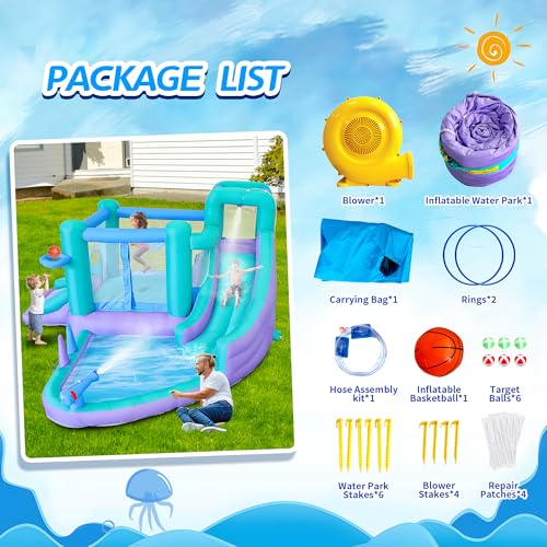 Inflatable Bounce House Water Slide, 141 x 138 x 78 Inches Blow Up Water Slides, Splash Pool, Basketball, Ring Toss Game, Target Balls, Water Cannon, Climbing Wall, Blower Included