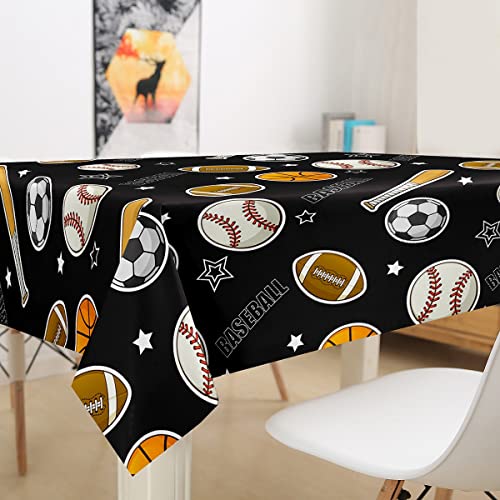 Baseball Football Tablecloths Kids Ball Games Sports Table Cloth Cartoon Rugby Star Bat Pattern Table Accessories for Teens Boys Men Room Decor Black Table Cover,55" Round