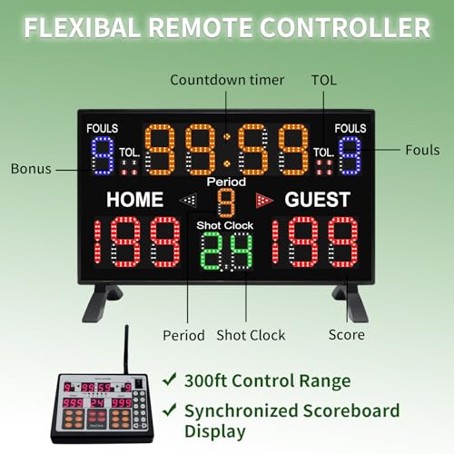 Basketball Digital Scoreboard with Remote,Battery Powered Portable Tabletop Electronic Scoreboard with 75dB Buzzer,Countdown Timer & Score for Games - style: black with shot clock