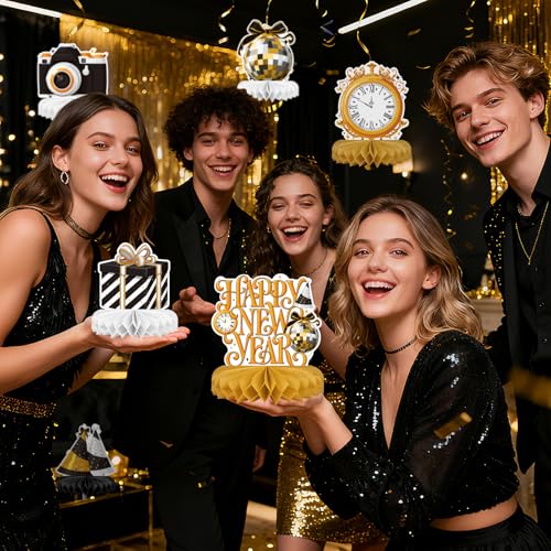 Happy New Year Party Decorations Bundle - Includes New Years Eve Honeycomb Centerpieces ,New Year Table Toppers, for Classroom Decor, New Year & Birthday Party Supplies - style: New Year