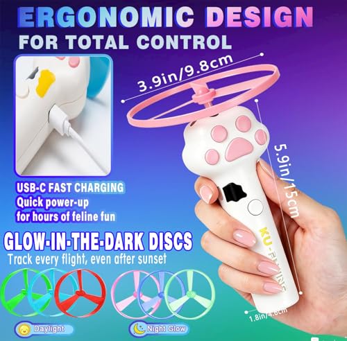Cat Fetch Toy Automatic Disc Launcher 6 Discs USB-C White | Automatic launcher with 6 discs (3 Glow-in-Dark). 30m range. USB-C rechargeable 1200mAh battery. Interactive toy for cats.