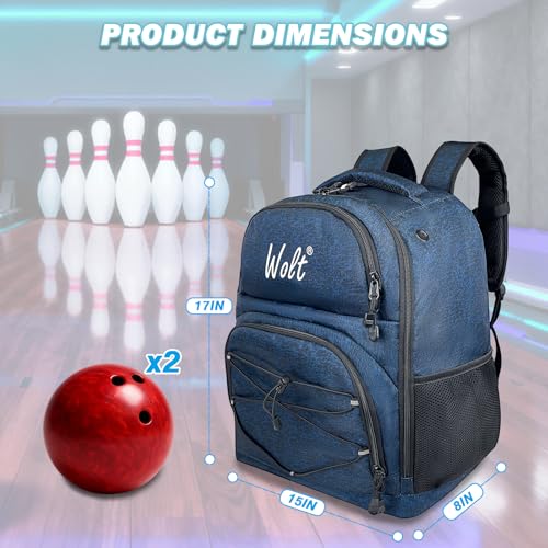 WOLT Bowling Ball Bag,2 Ball Bowling Backpack with Protective Foam Padded & Shoe Compartment Fits Up to Mens Size 16 - color: healthyblue