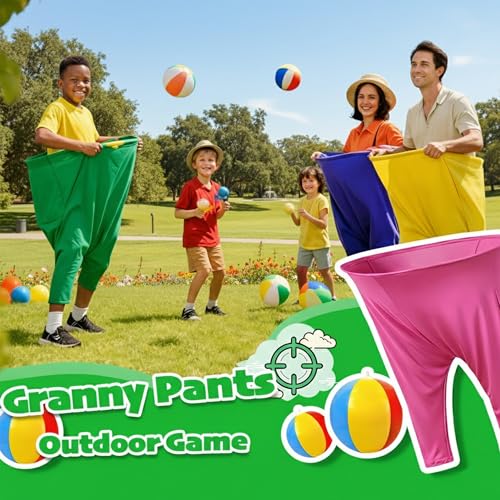 Granny Pants Yard Game โ Outdoor Party Game Funny Lawn Game for Adults, Family Reunions & Group Events 4 Giant Pants with 36 Bouncy Balls & 4 Pumps Gift for Kids & Adults - size: Children Size (60 x 80 cm)