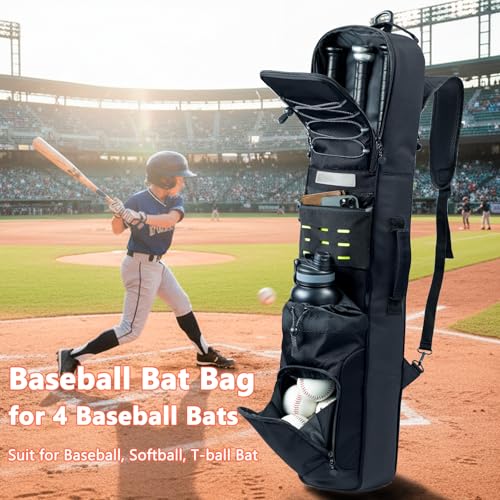 Rolling Baseball Bat Bag with Wheels, Large Capacity Gear Bag Holds 4 Bats, Reinforced Hard Base & Structured Back Panel, Top & Bottom Grab Handles, Shoe & Helmet Compartments for Youth &Adult Players - color: Black - Slim Style - No Wheels