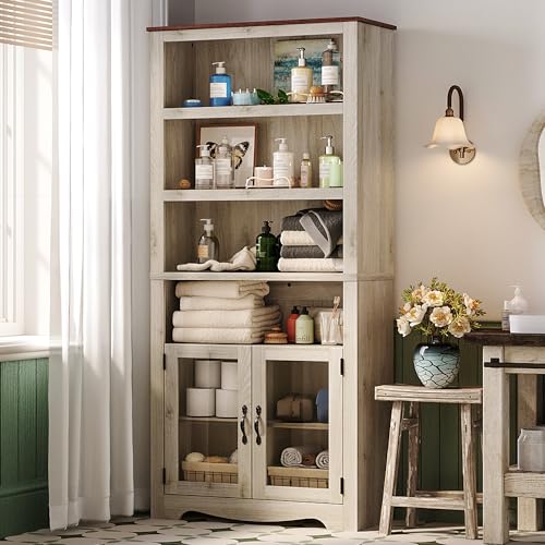 LINSY Bookshelf with Doors, 6 Shelf Bookcase Tall Bookshelves, 73" Farmhouse Book Shelf with Storage Cabinet, Wood Book Shelves for Living Room, Bedroom, Office, Rustic White - color: White