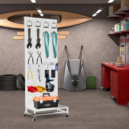 Eastern Tree Metal Pegboard Display Stand 2'x 5'with Base Plate, Pegboard Panels Display with Wheels, Peg Board Display Rack, Standing Pegboard Display with 30 Hooks - White - color: White
