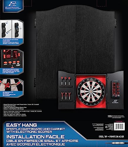 EastPoint Tournament Bristle Dartboard - 18-Inch, Red/Black - Self-Healing Sisal & Steel Tip Darts - Deluxe LED Scoring System for Electronic Dart Board - Easy-Mount Cabinet for Game Room Decor
