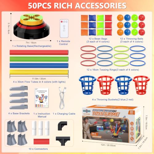 TERRAMUS 3 in 1 Bean Bag Ring Toss Game for Kids, Rechargeable Musical Jumping Games w/LED Light & Remote, Electric Spinning Base, Sandbags, Rings, Carnival Indoor Outdoor Sport Toy for 3+ Boys Girls