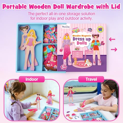 Mocoosy Wooden Magnetic Dress Up Dolls for Kids, Pretend Play Magnet Toys with Storage Case, Travel Game Airplane Car Road Trip Toy On The Go Activity Set Birthday Gift for Girls 3 4 5 6 7 8 Year Old