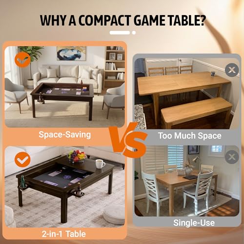 Solid Wood Board Game Coffee Table with Removable Top, 3-in-1 Gaming and Dining Table Includes Play Mat & Detachable Cup Holders, 48" L x 33" W - color: Black Walnut01