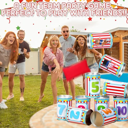 13 Pcs Carnival Can Game Bean Bag Toss Carnival Games with 10 Tin Cans and 3 Bean Bag for Easter Outdoor Family Party Birthday Indoors Outdoors Activities - style: Vivid Style