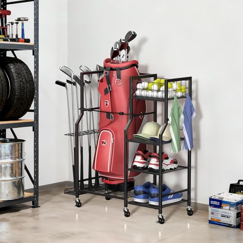 Golf Bag Stand Storage Rack with Wheels, Organizer for Golf Bags and Golf Equipment&Accessories,Ideal for Garage, Home, Golf Clubs