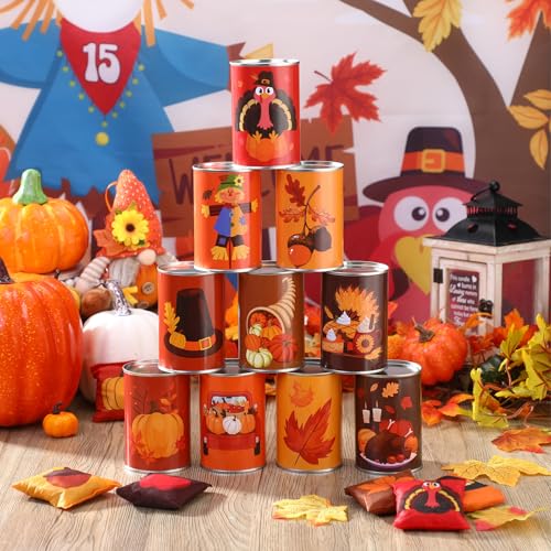 17 Pcs Fall Halloween Carnival Can Bean Bag Toss Games for Kids Thanksgiving Autumn Party Throwing Game Set with Background for Adults Indoor Outdoor Party Toy Accessory - style: Thanksgiving