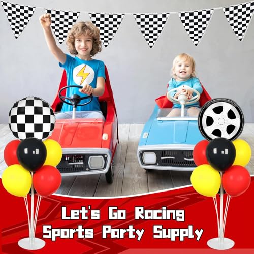 Race Car Party Balloons Stand Kit 2 Sets With 2 Checkered Foil Balloon Racing car Party Balloon Red Black Yellow Race Car Birthday Party Decor Set For Boys Let's go Racing New Year Party Decorations - style: Race Car