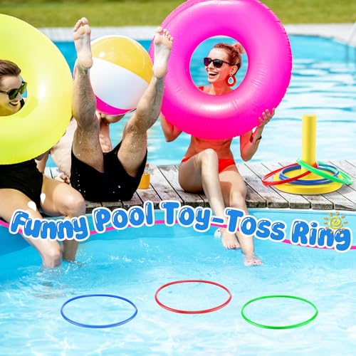 Hiboom Pool Ring Toss Games Toys, Swimming Pool Games for Adults and Family with 6 Pcs Throwing Rings, Water Foam Toss Float Toys for Summer Outdoor, Beach, Yard, Party (Bright Yellow Base) - style: Bright Yellow Base