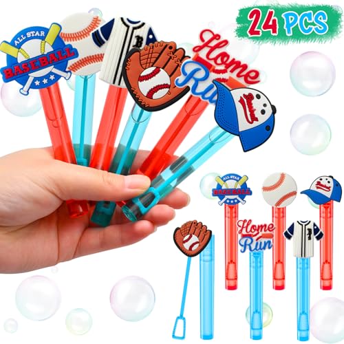 Winrayk Baseball Party Favors, 24Pcs Baseball Themed Mini Bubble Wands for Kids Bubbles Bulk with Detachable Topper (6 Styles), Birthday Gift Classroom Prizes Girl Boys Sports Goody Bag Stuffer Supply - style: Baseball