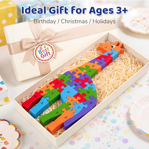 LovesTown Wooden Puzzles for Kids, Double Sided Giraffe Jigsaw with Alphabet & Numbers, Montessori Educational Toy for Toddlers, Chunky Animal Gift - size: Medium, style: Giraffe