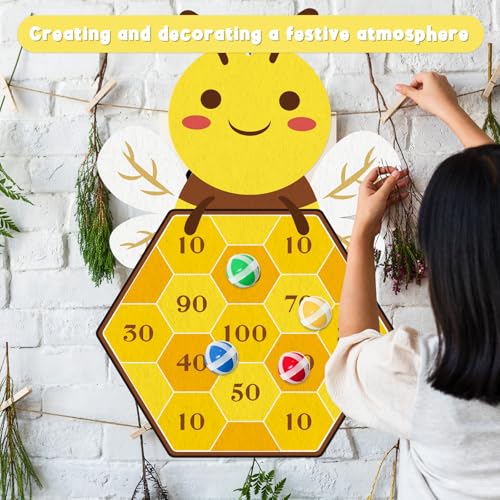 Yquqwn Bee Dart Game for Kids, Cute Bee Toss Game Includes 12 Sticky Balls and Hanging Hook for Birthday Party Games Family Gatherings Indoor Outdoor Activities Gifts