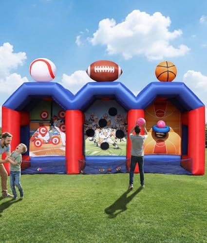 3-in-1 Inflatable Carnival Games with 3 Toss Games, Multi Inflatable Sports Games Combo for Group Team Challenge, Giant Backyard Basketball Football Baseball Throwing Target with 750W Blower