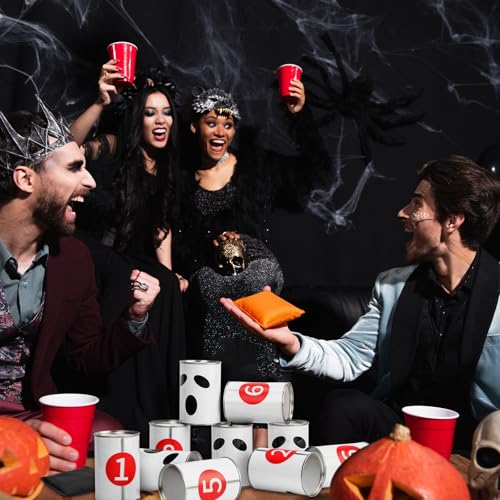 Soulchen 30 Pcs Halloween Carnival Bean Bag Toss Party Game, Knockdown Can Game Set Includes 20 Metal Cans, 8 Bean Bags and 2 Set Number Stickers for Family Gatherings, Backyard Fun & Carnival Party