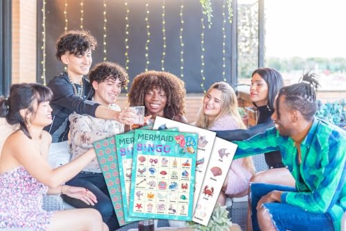 Mermaid Bingo Cards, Mermaid Bingo Games for 24 Players, Under The Sea Party Games for Family Friends Large Group Activities, Ocean Themed Birthday Party Supplies Decorations(31) - style: Blue Mermaid