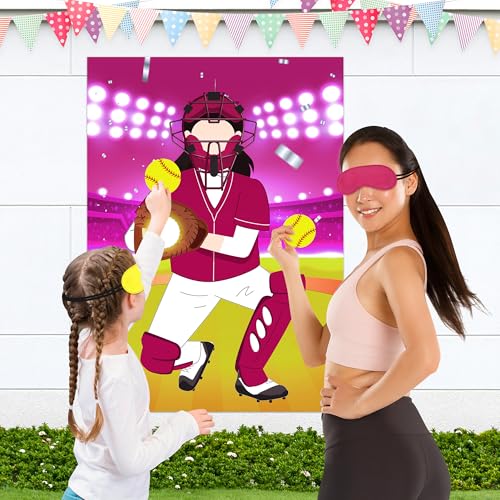 Pin The Softball on The Glove Game Poster with 24 Stickers Blindfolds Pink Softball Themed Party Decorations Supplies Fun Entertainment Classroom Activities for Sports Lovers Fans Kids Girls Birthday