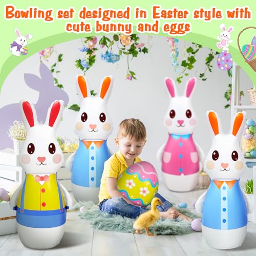 Shappy 12 Pcs 28 Inch Giant Inflatable Easter Bunny Bowling Set with Egg, Inflatable Easter Game for Kids Adults Family, 10 Pins and 2 Balls for Party Toys Indoor Outdoor Holiday Activities