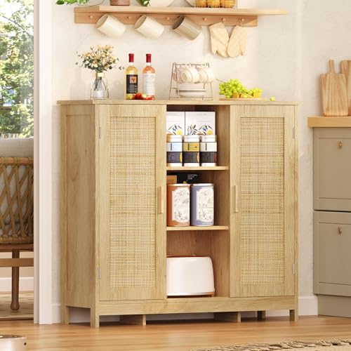 Iwell Rattan Storage Cabinet with 4 Adjustable Shelves, Coffee Bar Cabinet, Sideboard Buffet for Kitchen, Living Room, Entryway, Natural - color: Natural