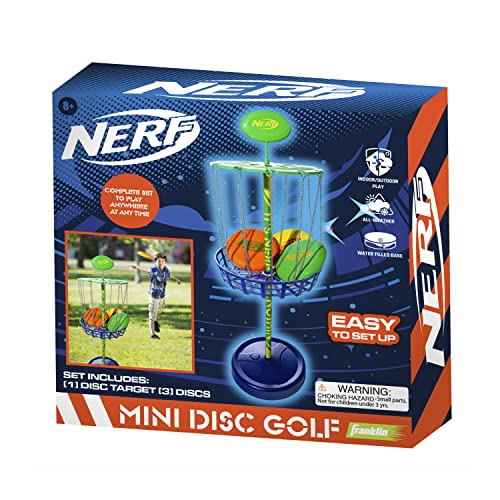 Nerf Disc Golf Starter Set - (3) Mini Golf Discs + (1) Target Basket Included - Complete Portable Set for Backyard + Beach Play