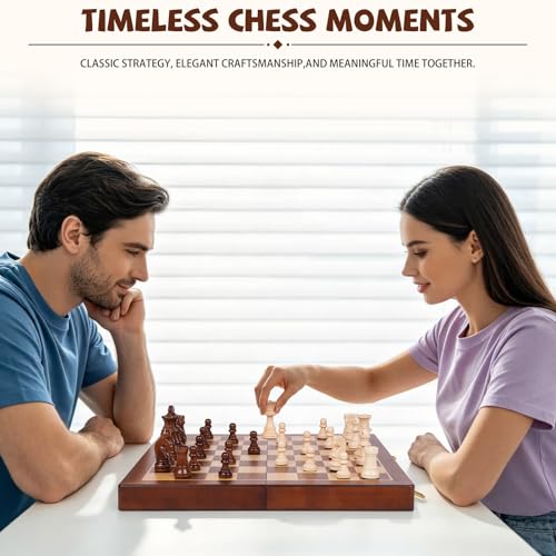 Large 17” Wooden Chess Set for Adults and Kids– Large Solid Folding Wood Chess Board with Hand-Carved Pieces, 3.25” King, 2 Extra Queens, Family Classic Strategy Board Game