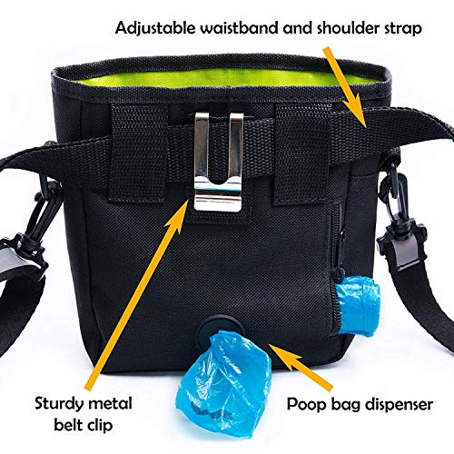 Dog Treat Pouch for Training & Walking, Pet Treat Bag with Poop Bag Dispenser, Pro Clicker, Collapsible Travel Bowl & Reflective Shoulder Strap - Black/Green