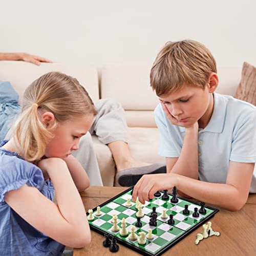 Magnetic Travel Chess Set with Folding Chess Board & 2 Extra Queens & Convenience Bag, Educational Toys for Kids and Adults (Green & White)