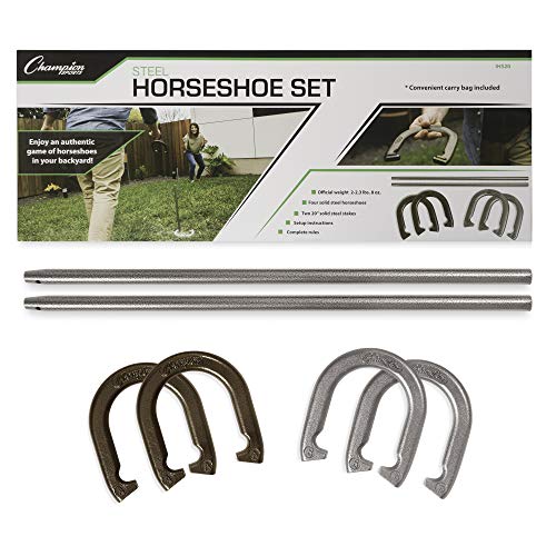 Champion Sports Horseshoe Set: Traditional Outdoor Lawn Game includes Four Professional Solid Steel Horseshoes with Solid Steel Stakes & Carrying Storage Case - style: Classic Set