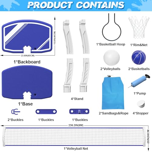 Pool Basketball Hoop&Pool Volleyball Net 2 in 1,Pool Toys Basketball Game with Weighted Base&Stand,2 Water Volleyball&2 Basketball and Pump,Summer Outdoor Family Party Pool Games for Kids Adults - size: basketball hoop