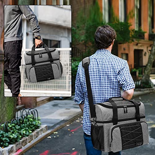 DSLEAF Bowling Bag for 2 Balls, Bowling Tote with Wooden Bowling Cups and Padded Divider for Double Ball and A Pair of Bowling Shoes Up to Mens 16 and Extra Essentials (Patent Design), Bag Only - color: grey