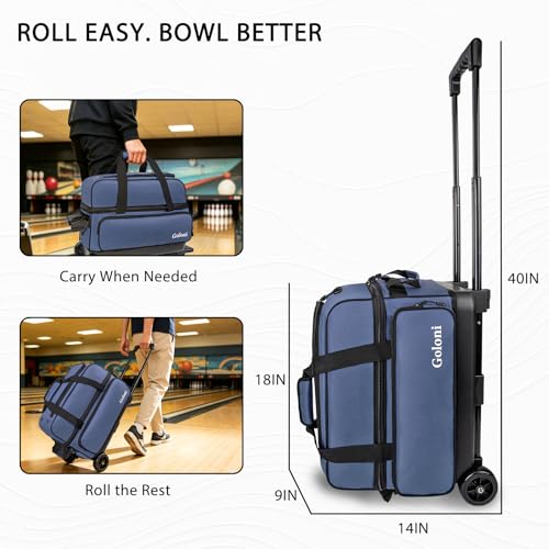 Goloni Double Roller 2 Ball Bowling Bag with Separate Shoe Compartment,2 Ball Bowling Bag with Wheels,Retractable Handle Extends to 40" - color: Blue